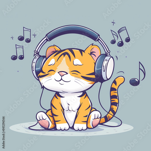 Cute baby tiger listening to music, wearing headphones, sitting on the floor, eyes close from enjoyment, doodle, cartoon illustration