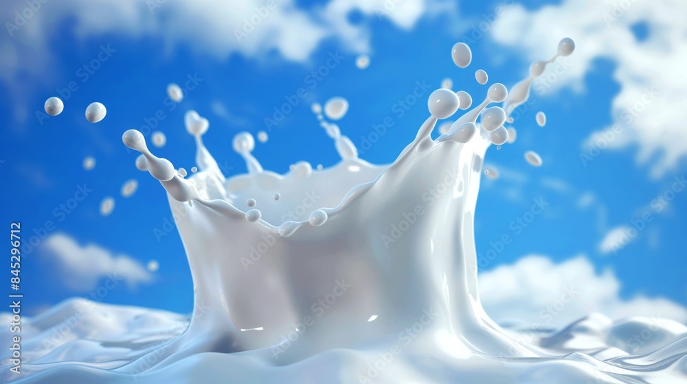 Close-up of a milk splash against a blue sky with clouds in the background, showing dynamic white droplets and fluid motion. Close-up of a milk splash against a blue sky with clouds in the background, showing dynamic white droplets and fluid motion.