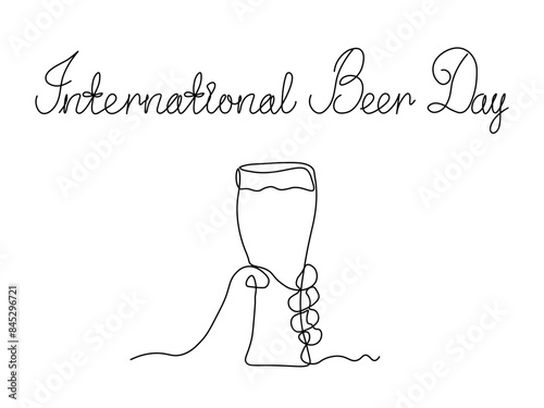 International Beer Day. continuous single line art drawing sketch, logo. Abstract hand with mug, glass beer
