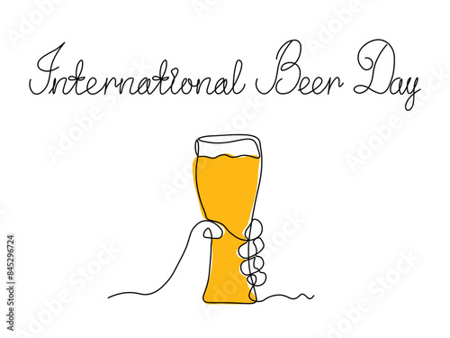 International Beer Day. continuous single line art drawing sketch, logo. Abstract hand with mug, glass beer