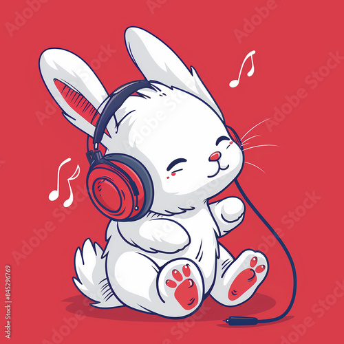 Cute rabbit, hare listening to music, wearing headphones, sitting on the floor, eyes close from enjoyment, doodle, cartoon illustration