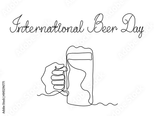 International Beer Day. continuous single line art drawing sketch, logo. Abstract hand with mug, glass beer