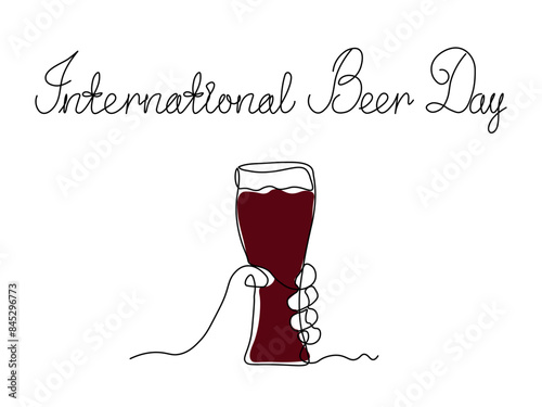 International Beer Day. continuous single line art drawing sketch, logo. Abstract hand with mug, glass beer