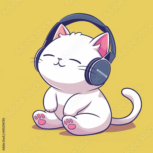 Cute cat, kitten listening to music, wearing headphones, sitting on the floor, eyes close from enjoyment, doodle, cartoon illustration