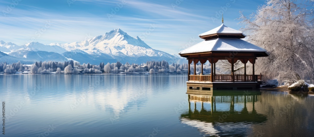 Obraz premium A pavilion in a park offers a picturesque view of a lake surrounded by snowy mountains and a clear blue sky perfect for a captivating copy space image
