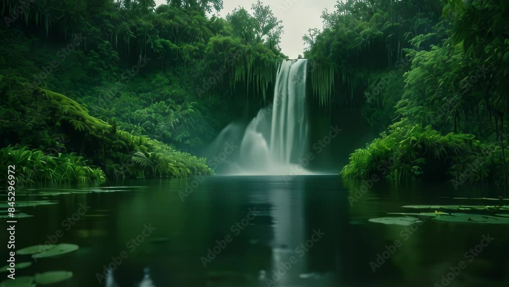 Video animation of tranquil waterfall surrounded by lush greenery,waterfall takes center stage, with water cascading down into a calm pool below. Video animation of tranquil waterfall surrounded by lush greenery,waterfall takes center stage, with water cascading down into a calm pool below.