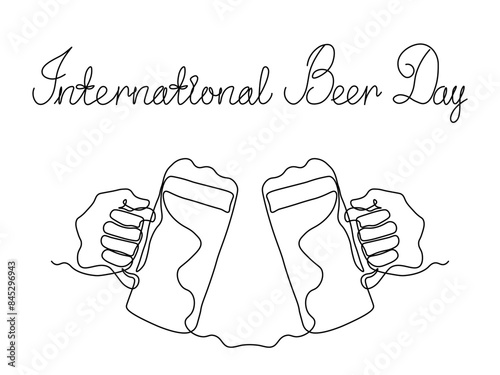 International Beer Day. continuous single line art drawing sketch, logo. Abstract two hands with mug, glass beer,toast