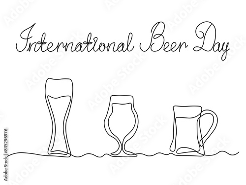 International Beer Day. continuous single line art drawing sketch, logo. set of three beer glasses