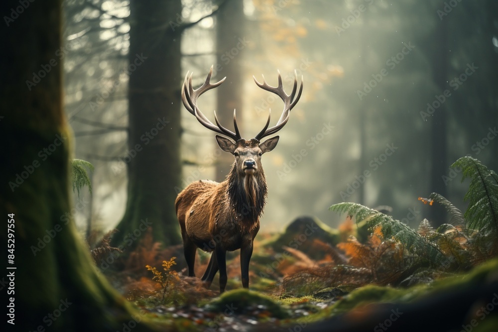 Beautiful shot of a lonely elk with long horns in the forest on a blurred Beautiful shot of a lonely elk with long horns in the forest on a blurred