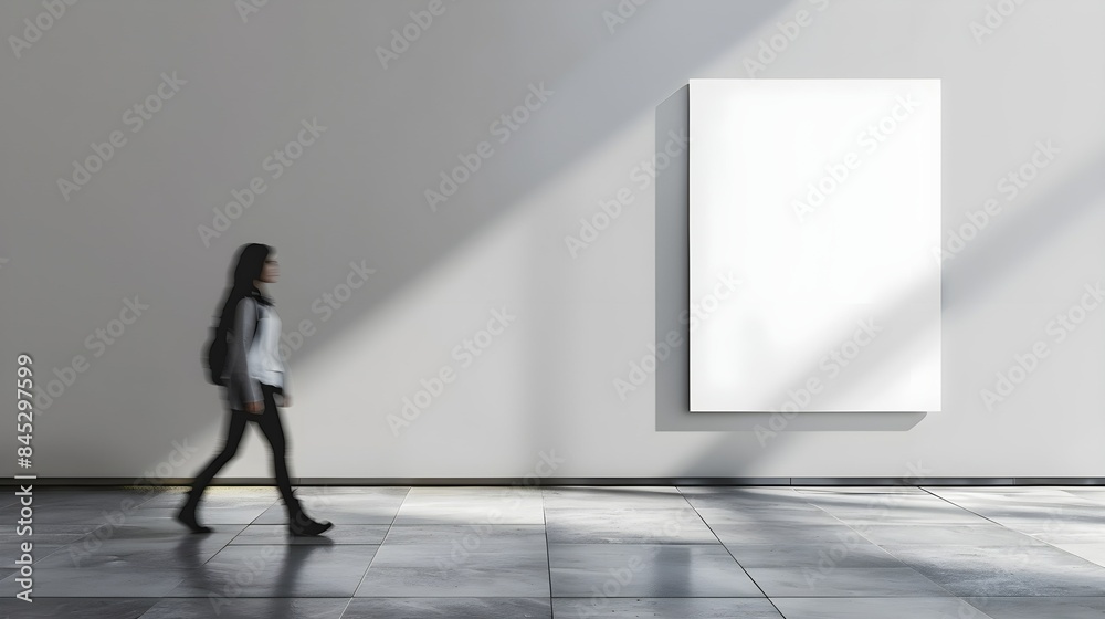 Blank poster mockup on the wall for design presentation. A young woman walks past 
