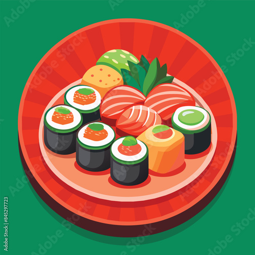 Delicious Japanese Food  A Variety of Sushi and Sashimi Mixed Japanese Food Plate