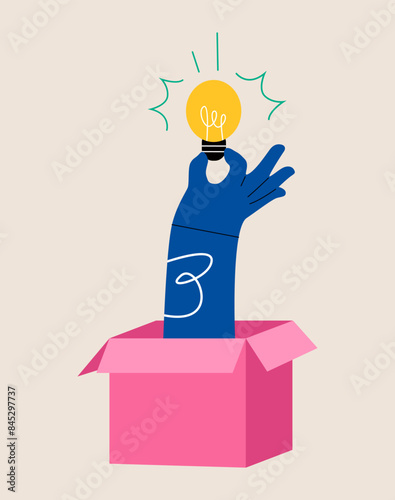 Hand holding light bulb, Business idea. Colorful vector illustration