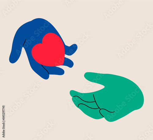 Hand of the gives the symbol of heart to the other hand. Charity and donation concept.