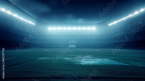 Empty illuminated sports stadium with green grass field and rows of seats, shrouded in fog at night.