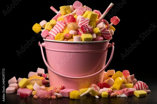 An yellow bucket of pink and yellow sweet confectionery pastila photo