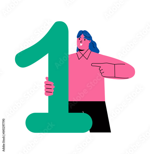 Success or business victory concept. Successful business woman holding 1st place sign. Flat vector illustration isolated on white background
