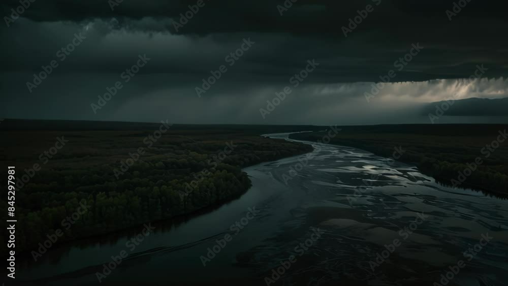 Video animation of dark, moody landscape featuring a river winding through a vast field under an overcast sky Video animation of dark, moody landscape featuring a river winding through a vast field under an overcast sky