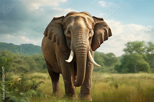 Portrait of beuatiful thai asian elephant stands on green field elephant with trimmed cutted tusks photo