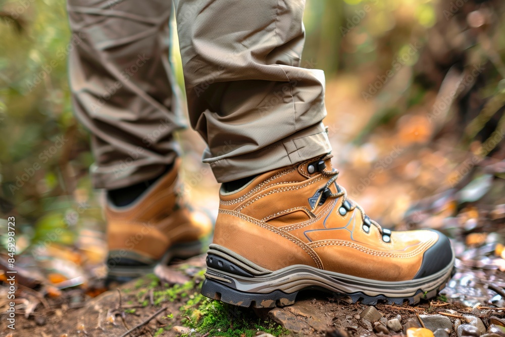 Man hiking boots. Side view. Standing on the path edge. Forest trail. Blurred background Man hiking boots. Side view. Standing on the path edge. Forest trail. Blurred background