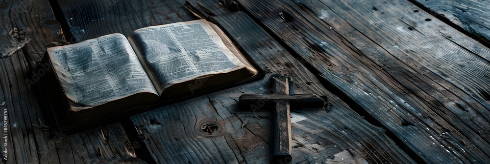 Bible and Cross Symbolism on Wooden Surface Bible and Cross Symbolism on Wooden Surface