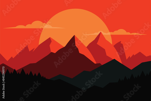 Beautiful mountain panoramic landscape at sunrise. Stunning landscape of a red sunset over the silhouettes of mountains and peaks. Amazing vector illustration