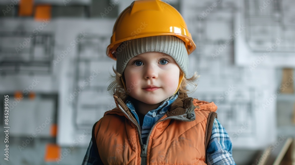 A young boy in a safety helmet and vest, looking straight at the camera A young boy in a safety helmet and vest, looking straight at the camera