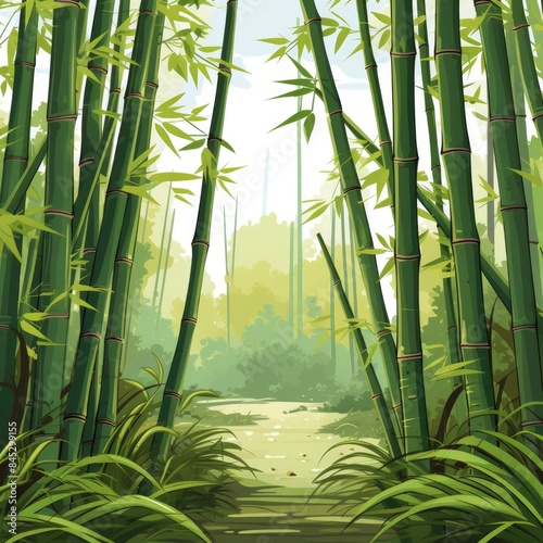 Serene Bamboo Grove in the Jungle Vector Illustration on White