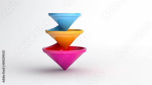 Colorful 3D funnel model flow 3 step, levitating on white gray background.