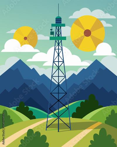 Surrounded by rolling hills and valleys a telecommunication tower stands tall its solar panels working tirelessly to keep communication lines open in this remote location.. Vector illustration