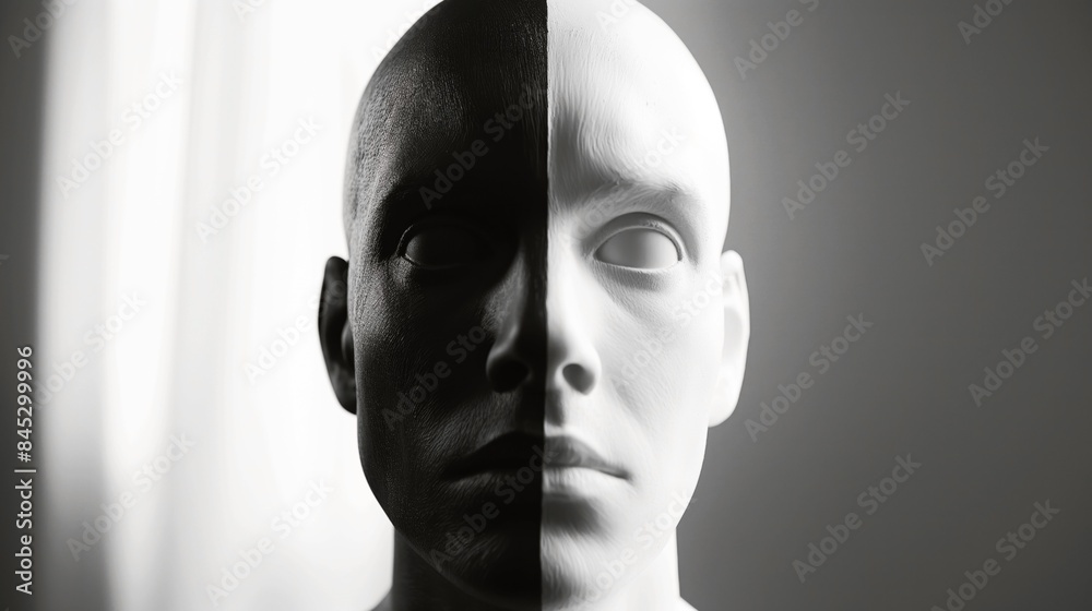 Close-up photo of a mannequin's face with half-black and half-white colors, creating a strong contrast between the two sides under dramatic lighting. Close-up photo of a mannequin's face with half-black and half-white colors, creating a strong contrast between the two sides under dramatic lighting.
