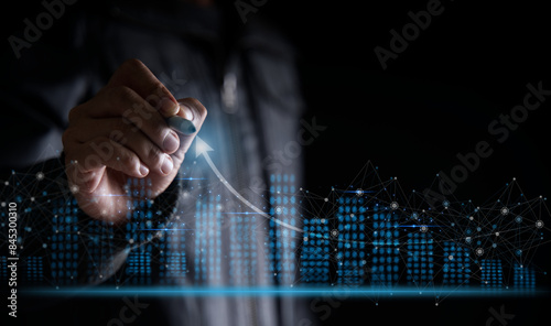 An arrow for a growth strategy is drawn for a business analysis report graph Business Development, Financial Plans, and Strategies There are three strategies for business growth.