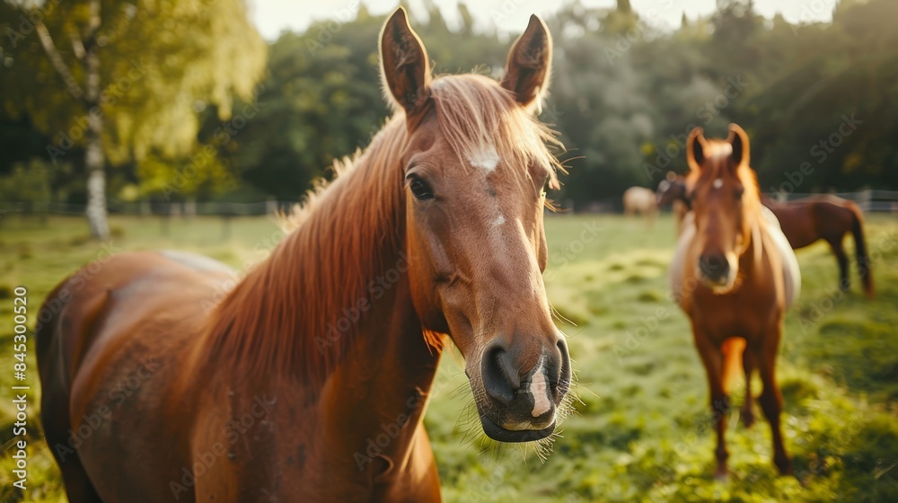 Fototapeta premium Feeding farm horses fresh grass 