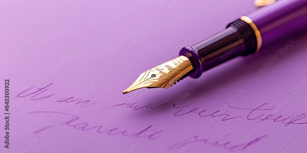 Fototapeta premium A close-up shot of a purple fountain pen writing on purple paper, emphasizing the luxury and elegance of handwriting with high-quality stationery.