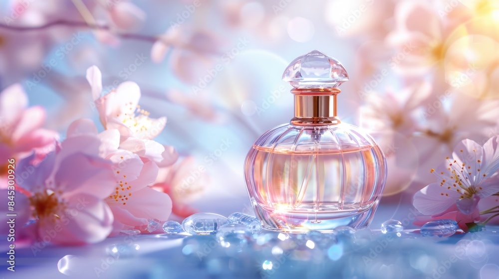 Perfume Bottle with Pink Flowers Background Perfume Bottle with Pink Flowers Background