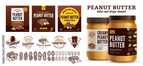 Vector peanut butter labels. Peanut butter branding and identity icons, badges, insignia and design elements. Realistic glass jar mockup
