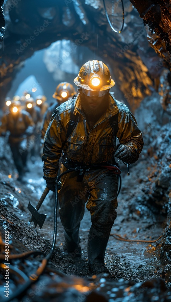 A group of miners deep underground, illuminated by headlamps, working diligently with pickaxes and drills, capturing the harsh conditions A group of miners deep underground, illuminated by headlamps, working diligently with pickaxes and drills, capturing the harsh conditions