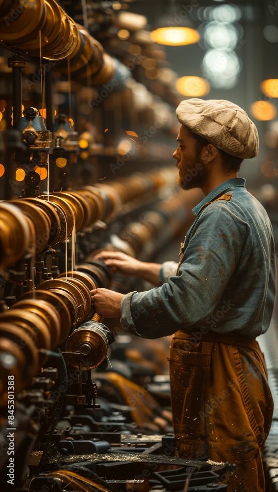 A textile mill worker overseeing rows of spinning machines, with a focus on the intricate details of fabric production A textile mill worker overseeing rows of spinning machines, with a focus on the intricate details of fabric production