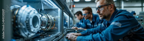 A team of aerospace engineers in a lab, assembling a rocket component, surrounded by high-tech equipment and computer screens photo