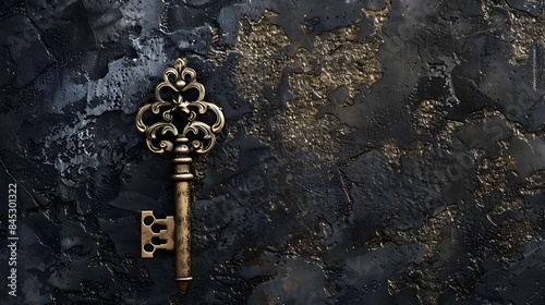 Antique Key with a Gold Finish on a Background of Black Stone photo