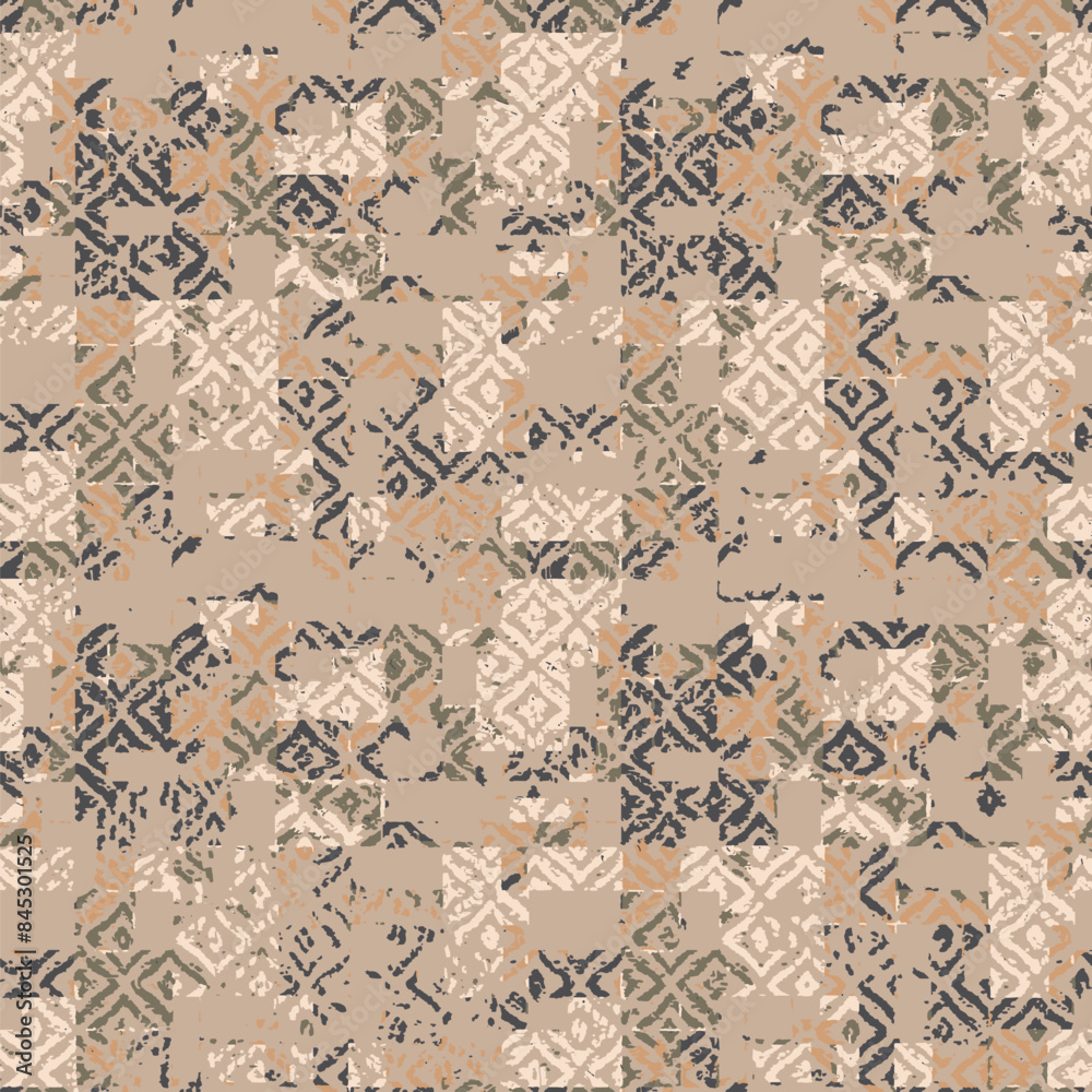 Abstract geometric seamless pattern with blots and an effect of attrition in retro colors. Vector shabby geometric carpet. Background for ceramic tile, wallpaper, linoleum, textile, rug, web page