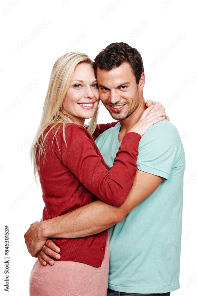 Love, portrait and couple hug in studio white background together happy for memories, romance and support. Smiling, man and woman embrace with care for date and commitment to relationship or unity Love, portrait and couple hug in studio white background together happy for memories, romance and support. Smiling, man and woman embrace with care for date and commitment to relationship or unity
