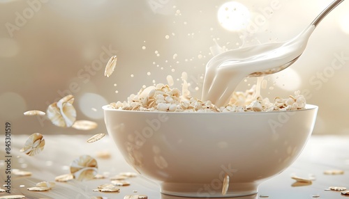 A splash of milk into oatmeal, close-up, capturing a delicious breakfast moment. © Agri
