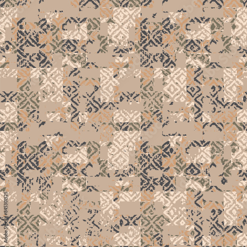 Abstract geometric seamless pattern with blots and an effect of attrition in retro colors. Vector shabby geometric carpet. Background for ceramic tile, wallpaper, linoleum, textile, rug, web page