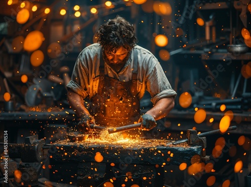 A blacksmith in a forge, hammering hot metal on an anvil, surrounded by traditional tools and an intense glow from the fire