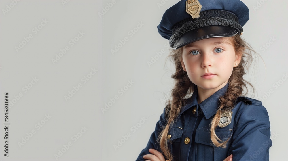 A little girl in a police uniform stands with her arms crossed A little girl in a police uniform stands with her arms crossed