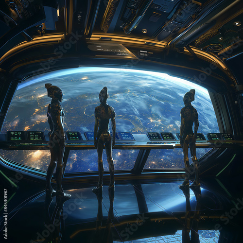 Futuristic Aliens a Massive Spaceship with Advanced Technology, Glowing Consoles, and a Stunning View of Earth from Space, Depicting the Arrival of an Alien Civilization