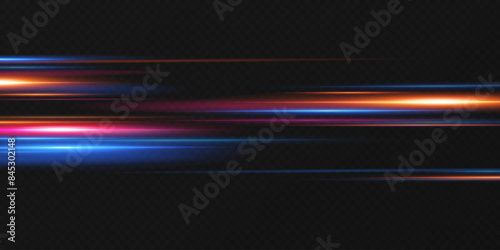 Neon lines moving light effect. Horizontal lines. Speed ​​effect on a transparent background. Lines of light, speed and movement	