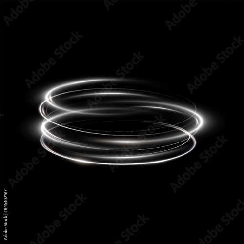 Glowing white spiral. Speed ​​abstract lines effect. Rotating shiny rings. Glowing circular lines. Glowing ring trail. Vector.	