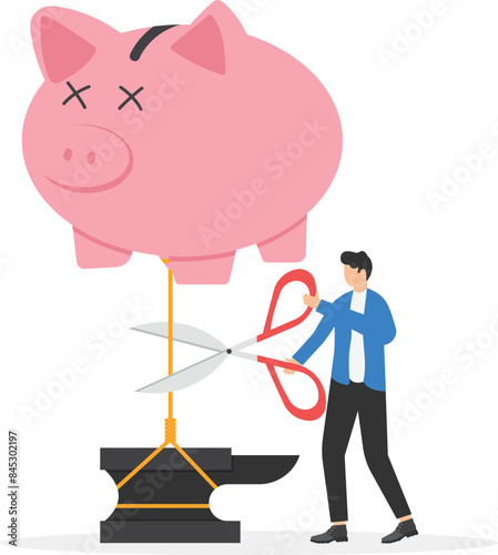 Financial freedom or independence. Pay off debts. solve financial problems. Businessman cutting the chain releasing fried moneybank into the sky. vector illustration on a white background.

