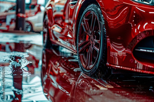Red sports car wheel with reflections in showroom © ALEXSTUDIO